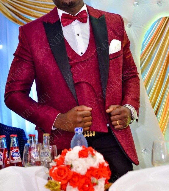 Slim Wedding Suits for Men white Jacquard ANNIEBRITNEY Men's Suits Groom Tuxedos Tailored Big Size Prom Jacket Pants Vest 3Pcs