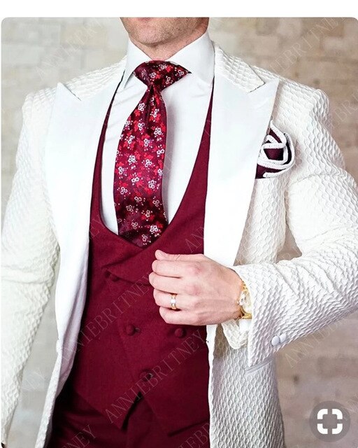 Slim Wedding Suits for Men white Jacquard ANNIEBRITNEY Men's Suits Groom Tuxedos Tailored Big Size Prom Jacket Pants Vest 3Pcs