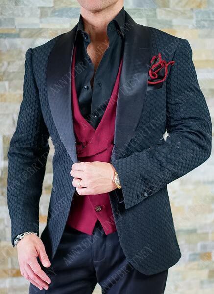 Slim Wedding Suits for Men white Jacquard ANNIEBRITNEY Men's Suits Groom Tuxedos Tailored Big Size Prom Jacket Pants Vest 3Pcs