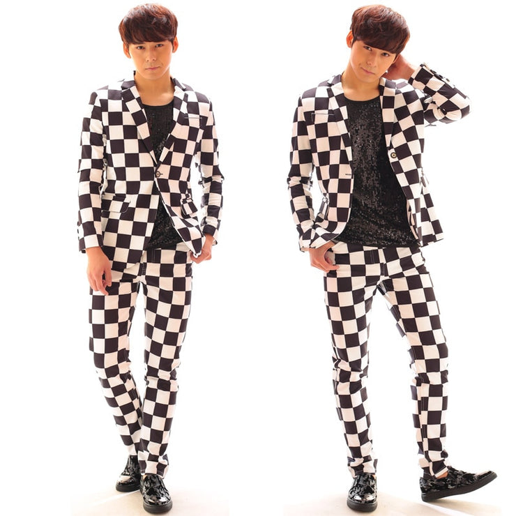 S-6XL  Big yards men suits !!!    2018   Bi for gba ng gd suit black and white plaid suit set male costume