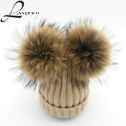 Lanxxy Real Mink Fur Pompom Hat Women Winter Caps Knitted Wool Cotton Hats Two Pom Poms Skullies Beanies Bonnet Girls Female Cap