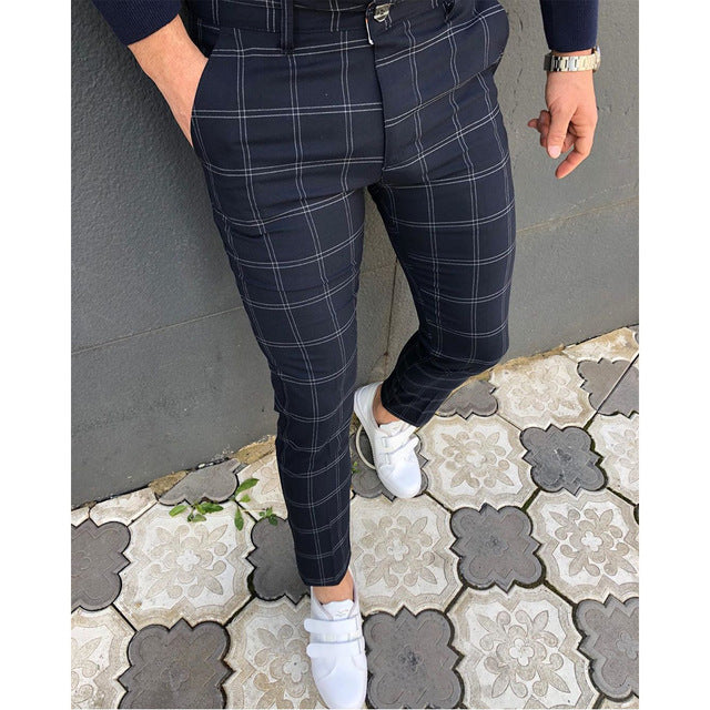 Fashion Plaid Print Mens Slim Pants