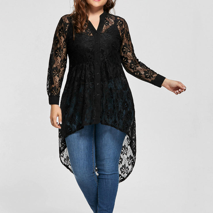 Women Ladies Plus Size Blouse Long Sleeve Lace Shirt