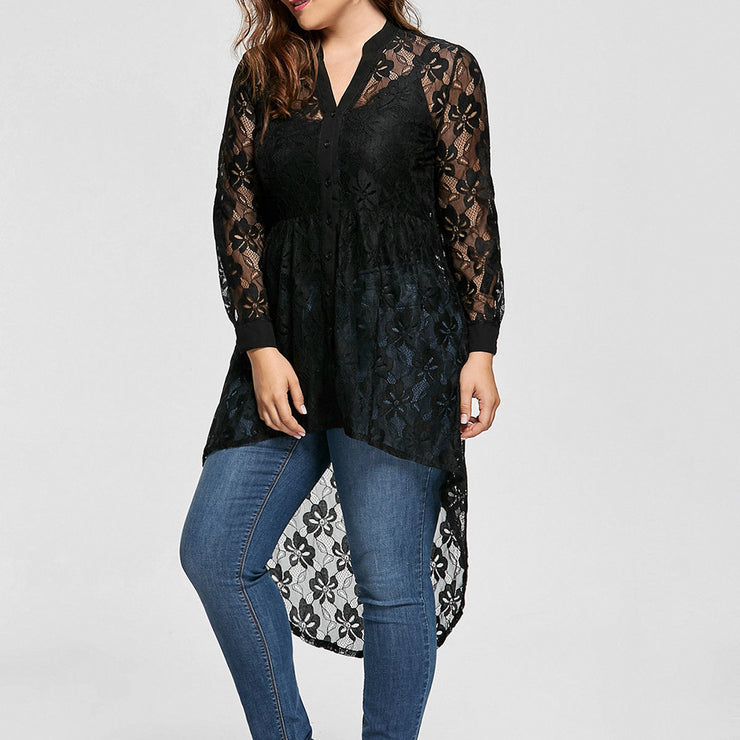 Women Ladies Plus Size Blouse Long Sleeve Lace Shirt