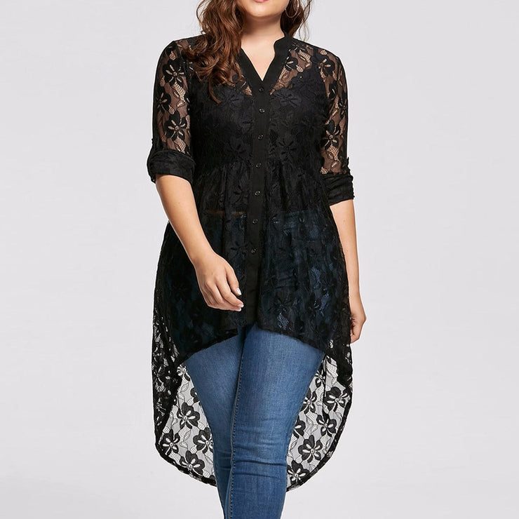 Women Ladies Plus Size Blouse Long Sleeve Lace Shirt