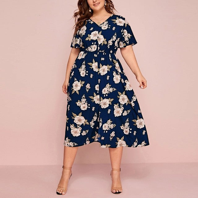 Plus Size Boho Beach Flower Print Midi Dresses for Women