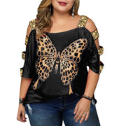 Plus Size Women Sequins Sling Cut Cold Shoulder Half Sleeve