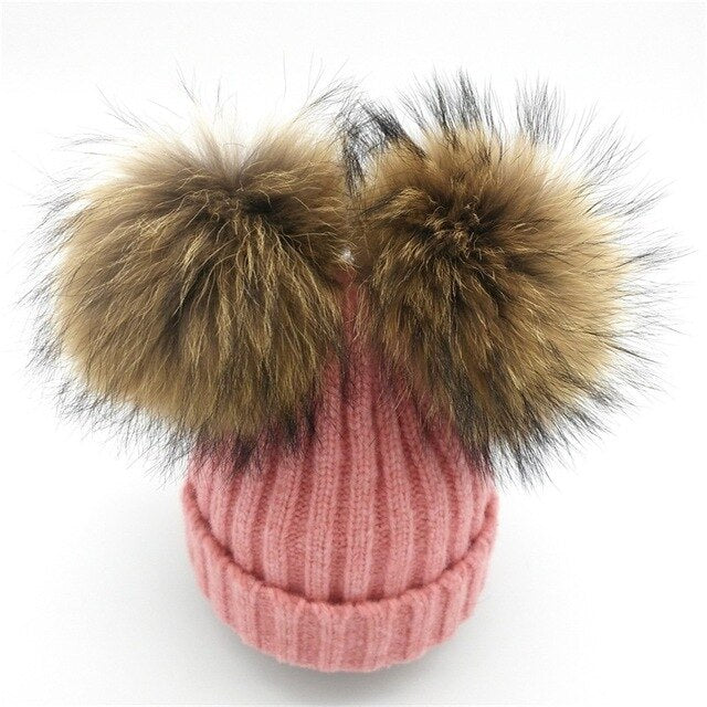 Lanxxy Real Mink Fur Pompom Hat Women Winter Caps Knitted Wool Cotton Hats Two Pom Poms Skullies Beanies Bonnet Girls Female Cap