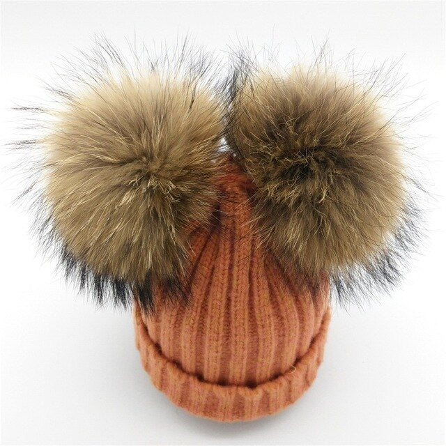 Lanxxy Real Mink Fur Pompom Hat Women Winter Caps Knitted Wool Cotton Hats Two Pom Poms Skullies Beanies Bonnet Girls Female Cap