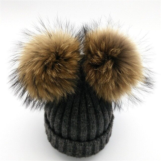Lanxxy Real Mink Fur Pompom Hat Women Winter Caps Knitted Wool Cotton Hats Two Pom Poms Skullies Beanies Bonnet Girls Female Cap