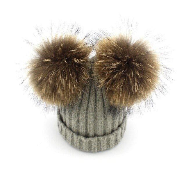 Lanxxy Real Mink Fur Pompom Hat Women Winter Caps Knitted Wool Cotton Hats Two Pom Poms Skullies Beanies Bonnet Girls Female Cap