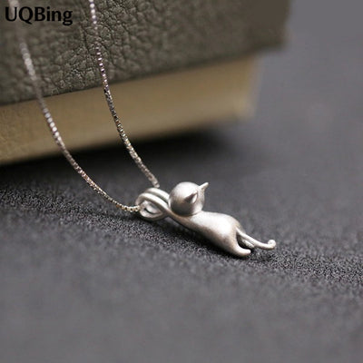 925 Sterling Silver Necklaces Cats Pendants&Necklaces Pure Sterling Silver 925 Kitty Necklace Jewelry Collar Colar de Plata