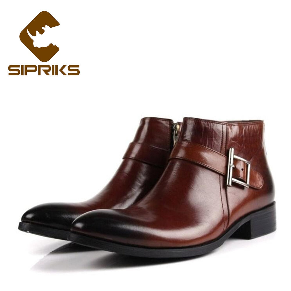 SIPRIKS mens genuine leather zipper boots elegant black ankle boots with buckle italian handmade rubber sole work boots european
